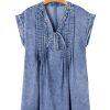 Women's Beau Blue Tie V Neck Denim Shift Dress with Tucking Detail and Pockets - Image 37