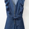 Women's Sail Blue Denim Ruffled Zipped Front Belted Romper - Trendy Summer Fashion - Image 8