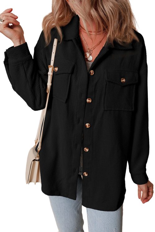 Women's Black Corduroy Flap Pocket Button Up Shacket - Cozy and Stylish Outerwear