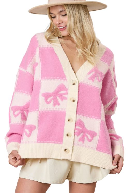 Women's Pink Bowknot Checkered Pattern V Neck Drop Shoulder Button Up Cardigan