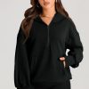 Women's Oversized Black Solid Half Zipper Hoodie with Kangaroo Pocket - Image 3