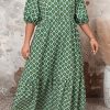 Plus Size Green Geometric Floral Print Maxi Dress with Half Sleeves - Image 14