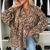 Women's Light French Beige Oversized Leopard Print Balloon Sleeve Casual Shirt - Image 7