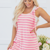 Women's Pink Stripe Knotted Strap Patched Pocket Casual Romper - Image 6