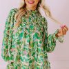 Women's Green Leafy Printed Flounce Sleeve Shirred Mock Neck Blouse - Elegant Floral Design - Image 7