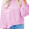 Women's Pink Raw Edge Ribbed Detail Drop Shoulder Sweater - Casual Chic for Winter - Image 12