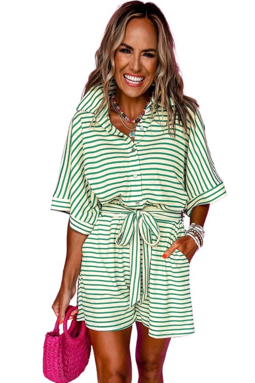 Women's Green Stripe Textured Short Sleeve Collared Buttoned Waist Tie Romper - Chic & Casual Style