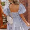 Women's Sky Blue Stripe Bubble Sleeve Square Neck Ruched Pocketed Babydoll Dress - Image 9