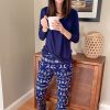 Women's Christmas Print Blue Solid Long Sleeve Top and Wide Leg Pants Loungewear Set - Image 2