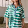 Women's Green Stripe Colorblock Collar Half Button T-Shirt - Casual Summer Style - Image 6