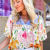 Women's Multicolor Floral Print Striped Yoke Frilled V Neck Puff Short Sleeve Blouse - Image 7