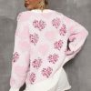 Women's Pink Heart Leopard Print Fuzzy Sweater with Pearled Ribbed Trim - Image 2