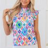 Women's Light Blue Geometric Printed Flutter Sleeve Mock Neck Shirred Blouse - Image 7