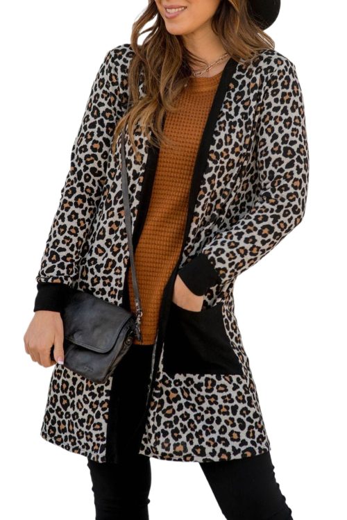 Women's Black Leopard Patched Pocket Open Front Cardigan