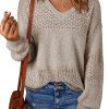 Women's Brown Eyelet Pattern V Neck Drop Shoulder Sweater - Casual Chic for Fall - Image 26