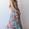 Women's Green Abstract Print Smocked Bodice Knotted Straps Ruffled Maxi Dress - Elegant Bohemian Style - Image 13