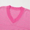 Women's Pink Striped Scallop V Neck Loose Sweater with Side Slits - Image 16