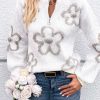 Women's White Contrast Flower Half Zipper Stand Neck Sweater - Image 2