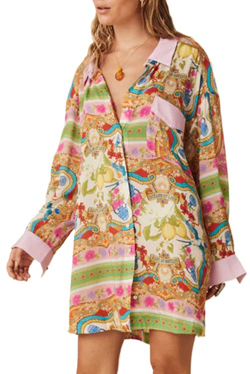 Women's Multicolor Boho Floral Print Buttoned Long Sleeve Shirt Dress