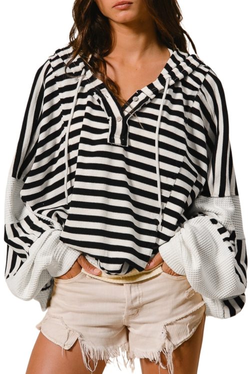 Women's Black and White Oversized Striped Henley Hooded Top with Dolman Sleeves