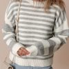 Women's Gray Stripe Drop Shoulder Crew Neck Sweater - Image 6