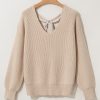 Women's Apricot Lantern Sleeve V Neck Knot Back Sweater - Image 8