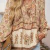 Women's Yellow Floral Print Tie Neck Blouse with Lantern Sleeves - Image 5