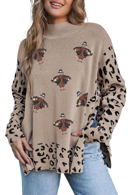 Women's Khaki Sequin Turkey Leopard Mixed Pattern High Neck Sweater with Slits