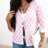 Women's Light Pink Checkered Knitted Lace-Up Ruffled 3/4 Sleeve Cardigan - Image 9