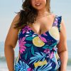 Women's Plus Size Blue Printed V Neck Wrap Knot Ruffled One Piece Swimwear - Image 6