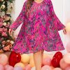 Women's Plus Size Rose Abstract Floral Print Pleated Dress with Puff Sleeves - Image 4