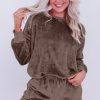 Women's Coffee Solid Fleece Lounge Set 2 Piece Loose Fit Set - Image 3