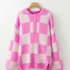 Women's Pink Checkerboard Half Button Collared Drop Shoulder Sweater - Image 6