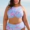 Sky Blue Plus Size Floral Print Twisted High Waist Bikini Set for Women - Image 9