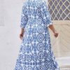 Plus Size Sky Blue Geometric Print Lace-up Notch Neck Maxi Dress - Image 3