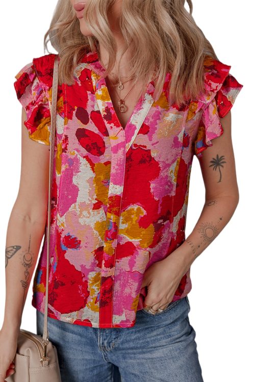 Women's Red Abstract Print Split V Neck Ruffle Short Sleeve Blouse for Summer