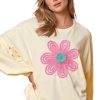 Women's Beige Tinsel Flower Dropped Puff Sleeve Sweatshirt for Fall - Image 2