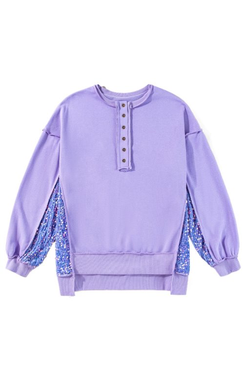 Women's Lilac Sequin Patchwork High Low Hem Henley Sweatshirt - Casual Chic