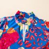 Women's Blue Abstract Print Frilled Collar Ruffled Puff Short Sleeve Top - Image 9