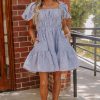 Women's Sky Blue Stripe Bubble Sleeve Square Neck Ruched Pocketed Babydoll Dress - Image 13