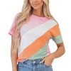 Stylish Women's Pink Color Block Patchwork Crewneck T-Shirt - Image 22