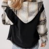 Women's Black Plaid Sleeve Hooded Denim Jacket - Stylish Fall Outerwear - Image 2