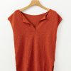 Women's Orange Solid Color Split V Neck Short Sleeve Sweater - Casual Chic - Image 14