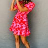 Women's Red Floral Bubble Sleeve Sweetheart Neck Ruffled Mini Dress - Image 13