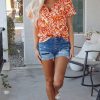 Women's Orange Floral Print Ruffled Short Puff Sleeve Split Neck Blouse - Image 8