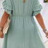 Elegant Grass Green Ruffle Trim Short Sleeve Plus Size Flared Mini Dress - Image 3