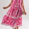 Women's Rose Floral Sleeveless Tasseled Lace-up Neck Tiered Midi Dress for Spring - Image 3