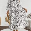 White Leopard Print Maxi Dress with Notch V Neck and Flared Sleeves - Image 3