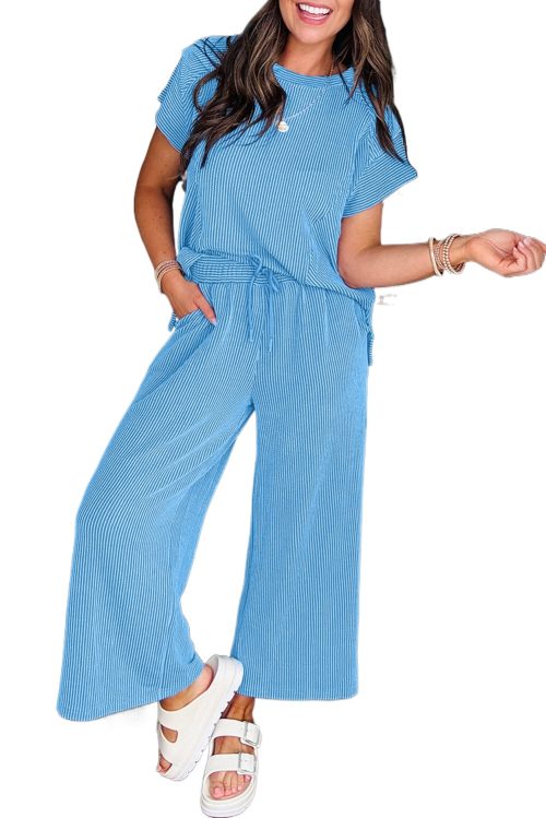 Women's Blue Solid Corded Knit Short Sleeve T-Shirt and Wide Leg Pants Set