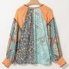 Plus Size Green Floral Patchwork Blouse with Lantern Sleeves - Stylish V Neck Design - Image 5